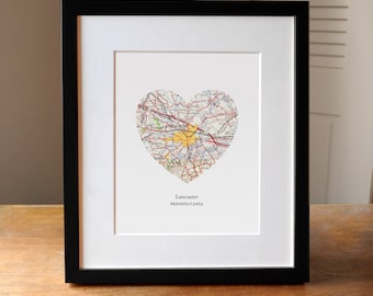 Lancaster PA Heart Map Print, Lancaster Pennsylvania Map Art, PA Map Gift, Heart Map Print, Gift for Friend, Anniversary gift