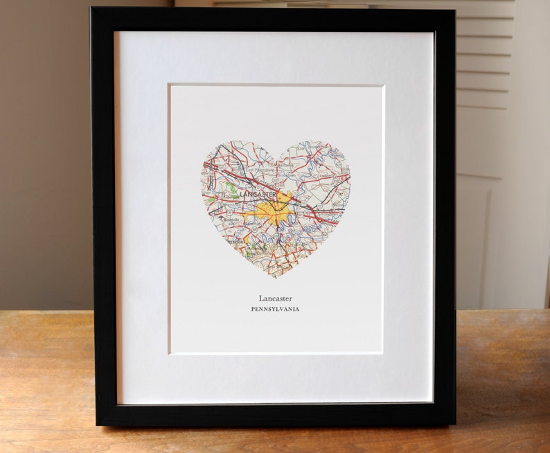 Lancaster PA Heart Map Print, Lancaster Pennsylvania Map Art, PA Map Gift, Heart Map Print, Gift for Friend, Anniversary gift image 1