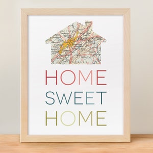 Custom Map Home Sweet Home Map Typographic Print, Hometown Map Art, Wall Decor, Vintage Map, Personalized Art, Wedding Gift, Moving Gift image 1