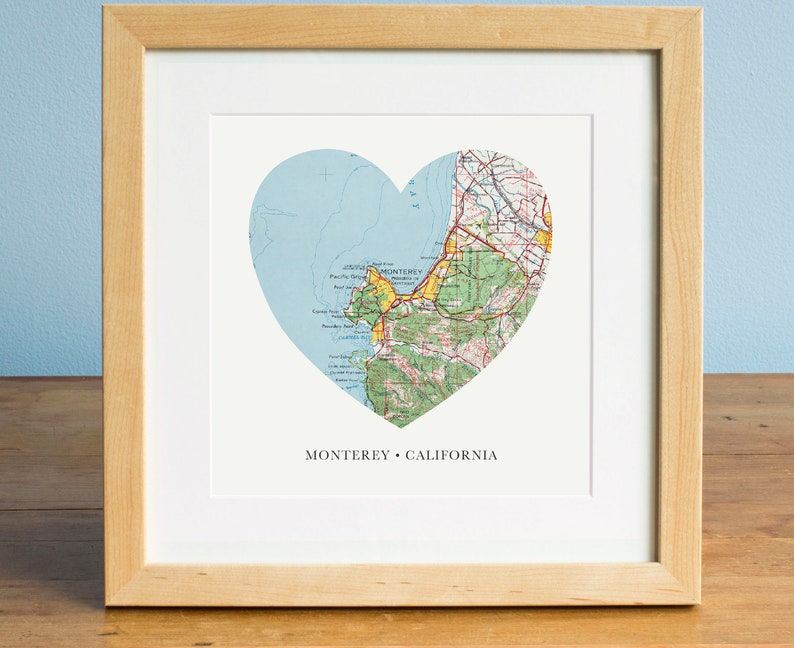 Monterey Heart Print, California Print, Heart Map Print, Gift for Couple, Romantic Gift, Custom Valentines Gift, Valentines Day Print image 1