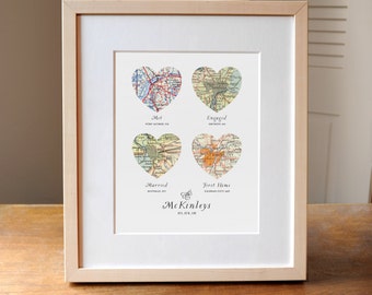 Four Heart Vintage Map Personalized Art Print with Custom Script Names for Wedding, Engagement, Anniversary, Valentines, Christmas Gift