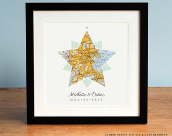 Personalized Map Star Nautical Decor Gift - Valentines Day, Wedding, Anniversary, Engagement Gift for Couples