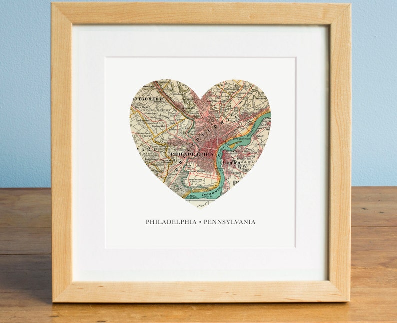 Map of Philadelphia, Philadelphia Heart Map, Pennsylvania Map, Vintage Map, Antique Map Art, Personalized Map Art, Valentines Day image 2