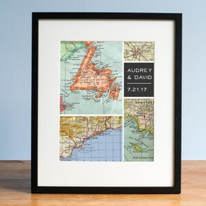 Conception de carte quadrillée moderne avec 4 lieux personnalisés présentés dans des cartes vintage pour mariage, fiançailles, cadeau d'anniversaire pour couple