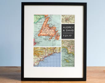 Modern Grid Map Design with 4 Personalized Locations Featured in Vintage Maps for Wedding, Engagement, Anniversary Gift for Couples