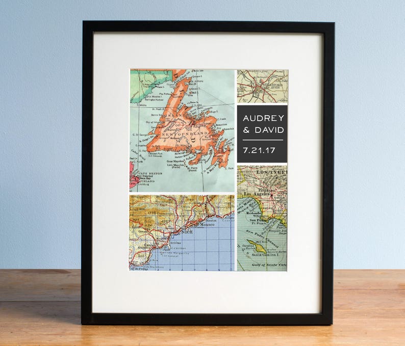 Modern Grid Map Design with 4 Personalized Locations Featured in Vintage Maps for Wedding, Engagement, Anniversary Gift for Couples image 1