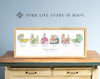 Life Story Map Art, personalisiertes Weihnachtsgeschenk, Geschenk für Paar, Geschenk für Frau, Jahrestagsgeschenk, Geschenk für Eltern, Custom Maps