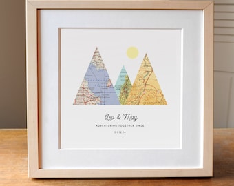 Personalized Map Mountain Print, Engagement Anniversary Gift