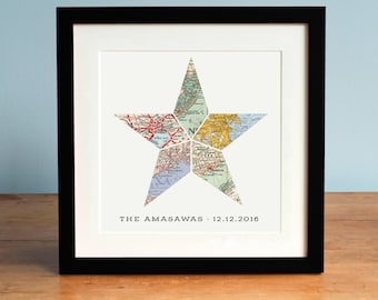 Nautical Star 5 Map Personalized Wedding Anniversary or Engagement Gift, Gift for Couple, Anniversary Gift, Star Art, Nautical Star