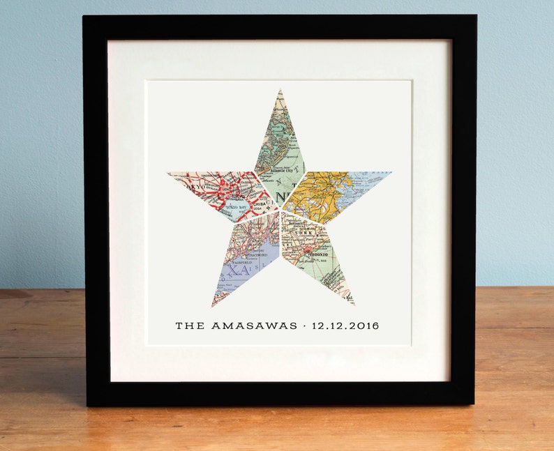 Nautical Star 5 Map Personalized Wedding Anniversary or Engagement Gift, Gift for Couple, Anniversary Gift, Star Art, Nautical Star image 1