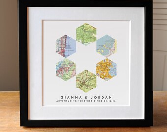 Modern Geometric Hex Map Design Featuring 6 Personalized Locations on Vintage Maps for a Custom Wedding or Anniversary Gift
