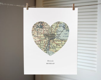 Detroit Michigan Map Heart Print, Detroit Map Print, Heart Map Print, Hometown Art, Custom Map Art, Map of Detroit