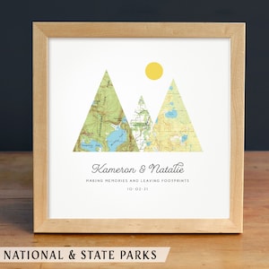 Gepersonaliseerde kaartkunst staatspark, cadeau voor stel, Adventure Together® kaart bergprint, kaart nationaal park, 3 kaarten, jubileumcadeau