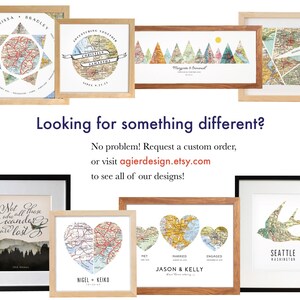 Może przedstawiać: Kolekcja oprawionych grafik ściennych z personalizowanymi mapami, w tym w kształcie serc, g&oacute;rskich sylwetek i ptak&oacute;w, z tekstem Looking for something different? No problem! Request a custom order.