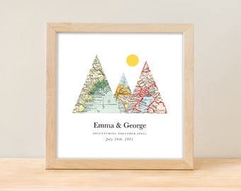 Map Mountain Personalized Adventure Together ®  Wedding Gift Art, Gift for Couple, Anniversary Gift, Custom Engagement Travel Lovers Gift