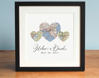 Personalized Three Heart Map Wedding, Engagement, or Anniversary Gift Art Print with Script, Typewriter, or Sans Serif Type