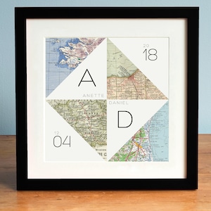 Modern Geometric Personalized Map Art, 4 Map Nautical Chart Inspired Wedding, Anniversary, or Engagement Gift for Couples image 1