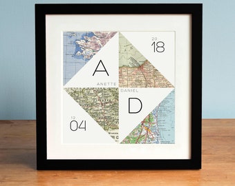Modern Geometric Personalized Map Art, 4 Map Nautical Chart Inspired Wedding, Anniversary, or Engagement Gift for Couples
