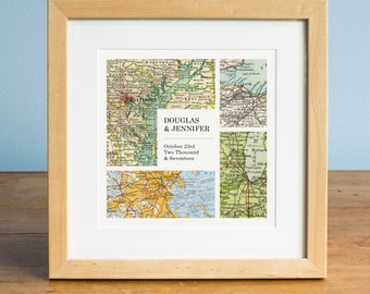 Modern Grid Square Personalized Map Art Design Wedding, Engagement, Anniversary Gift for Couples