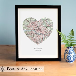 Impression de carte coeur Richmond en Virginie, art de l'État de Virginie, impression de ville personnalisée, art de carte de Richmond, cadeau pour Virginian, art mural sud, cottage