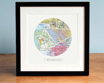 Geteilte Kreis Landkarte Kunstdruck, personalisierte Landkarte, Hochzeitsgeschenk für Paare, Geburtstagsgeschenk, Geschenk für Ihn