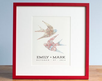 Swallow Map Print Wedding Gift, Wedding Art, Swallows, Bird Maps, Swallow Art, Wedding Art, Unique Wedding Gift