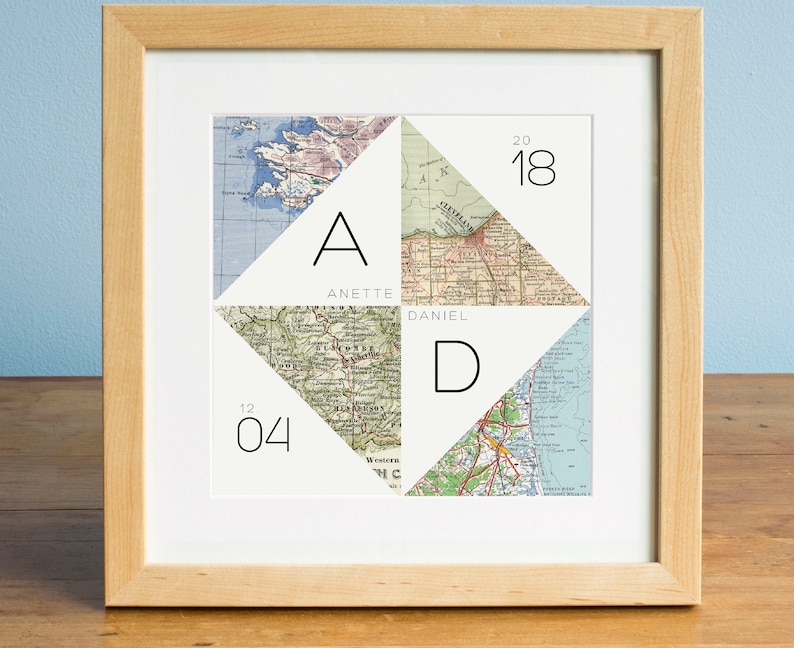 Modern Geometric Personalized Map Art, 4 Map Nautical Chart Inspired Wedding, Anniversary, or Engagement Gift for Couples image 2