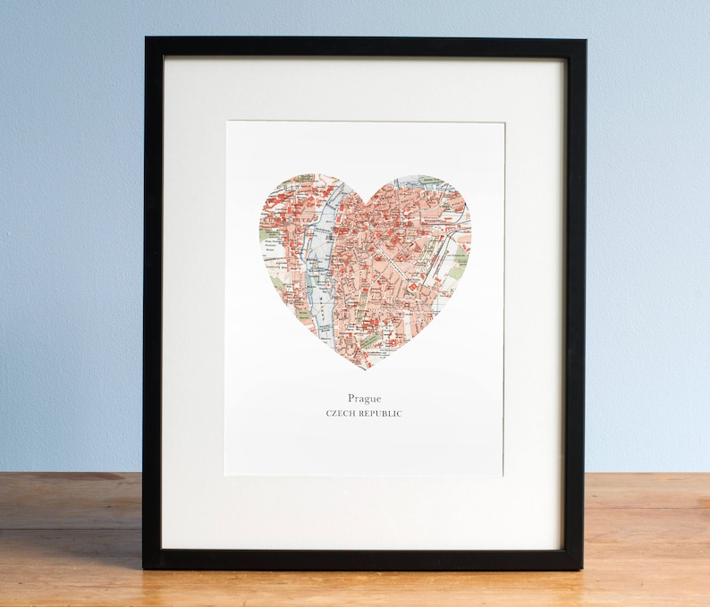 Prague Heart Print, Czech Map Print, Heart Map Print, Choose any hometown, Custom Valentines Gift, Valentines Day Print image 1