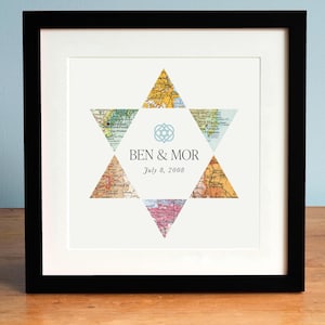 Davidstern Print, 6-Punkte-Stern benutzerdefinierte Karte Kunst, jüdisches Hochzeitsgeschenk, Israel Karte Kunst, Geschenk für Paare