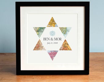 Davidstern Print, 6-Punkte-Stern benutzerdefinierte Karte Kunst, jüdisches Hochzeitsgeschenk, Israel Karte Kunst, Geschenk für Paare