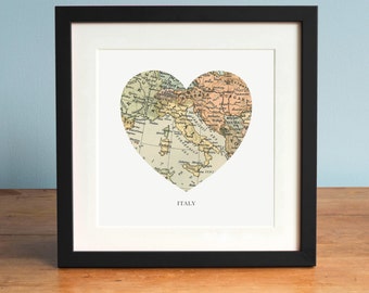 Map of Italy, Italy Heart Map, Italy Map Art, Vintage Map, Antique Map Art, Personalized Map Art, Valentines Day