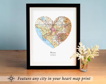 Personalized Rome Italy Heart Map with Custom Location - Unique Wall Decor