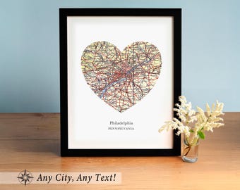 Impressão artística de mapa de coração personalizado da Filadélfia, Pensilvânia OU altere o mapa para apresentar qualquer cidade