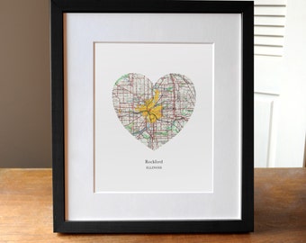 Rockford Illinois Heart Map Print, Illinois Art Print, Custom City Art, Rockford Map Print