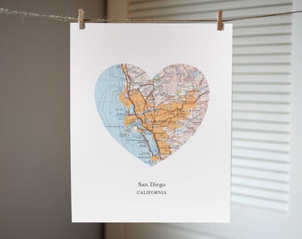 San Diego Art, Heart Map Print, California Art Print, Custom City Print, San Diego Map