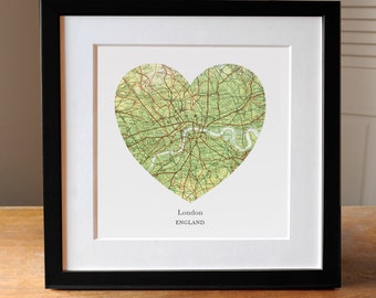 London Heart Map, Square Heart Map, Framed Heart Map, Map of London, London Art, London Gift, Travel Lover Gift