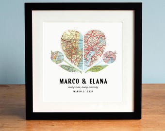 Personalisierte Granatapfel Herz Karte Print Geschenk zum Jubiläum oder Hochzeit mit 6 Karten von benutzerdefinierten Orten und dem von Ihnen gewählten Text