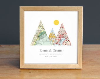 Personalized Map Art Wedding Gift for Couple, Adventure Together® Map Mountain Print, Personalized Map Art, 3 Maps, Anniversary Gift