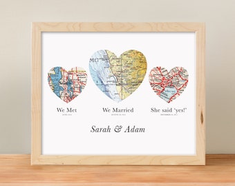 Heart Map Print, Wedding or Engagement Gift, 3 Map Heart, Custom Wedding Gift, We met we wed we married
