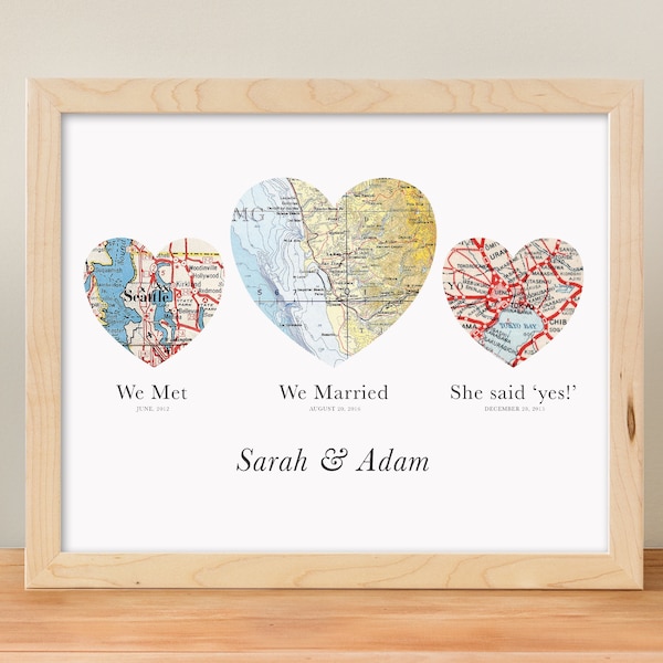 Heart Map Print, Wedding or Engagement Gift, 3 Map Heart, Custom Wedding Gift, We met we wed we married