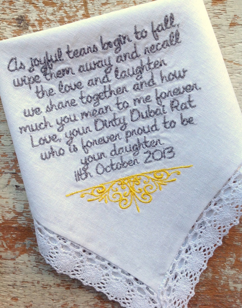 Embroidered Wedding Handkerchief Monogrammed custom mother mom hanky heirloom personalized