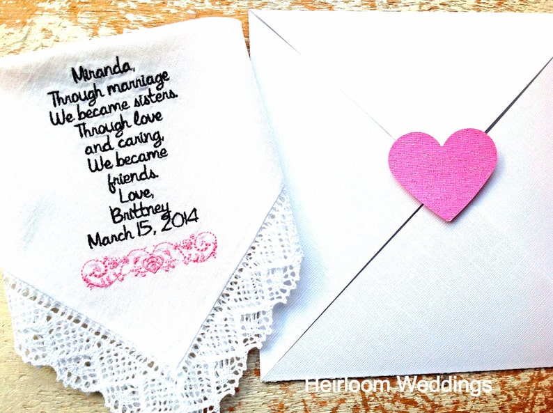Embroidered Wedding Handkerchief Monogrammed poem Sister in Law FREE matching gift envelope BRIDE heirloom shells personalized hankie gift e