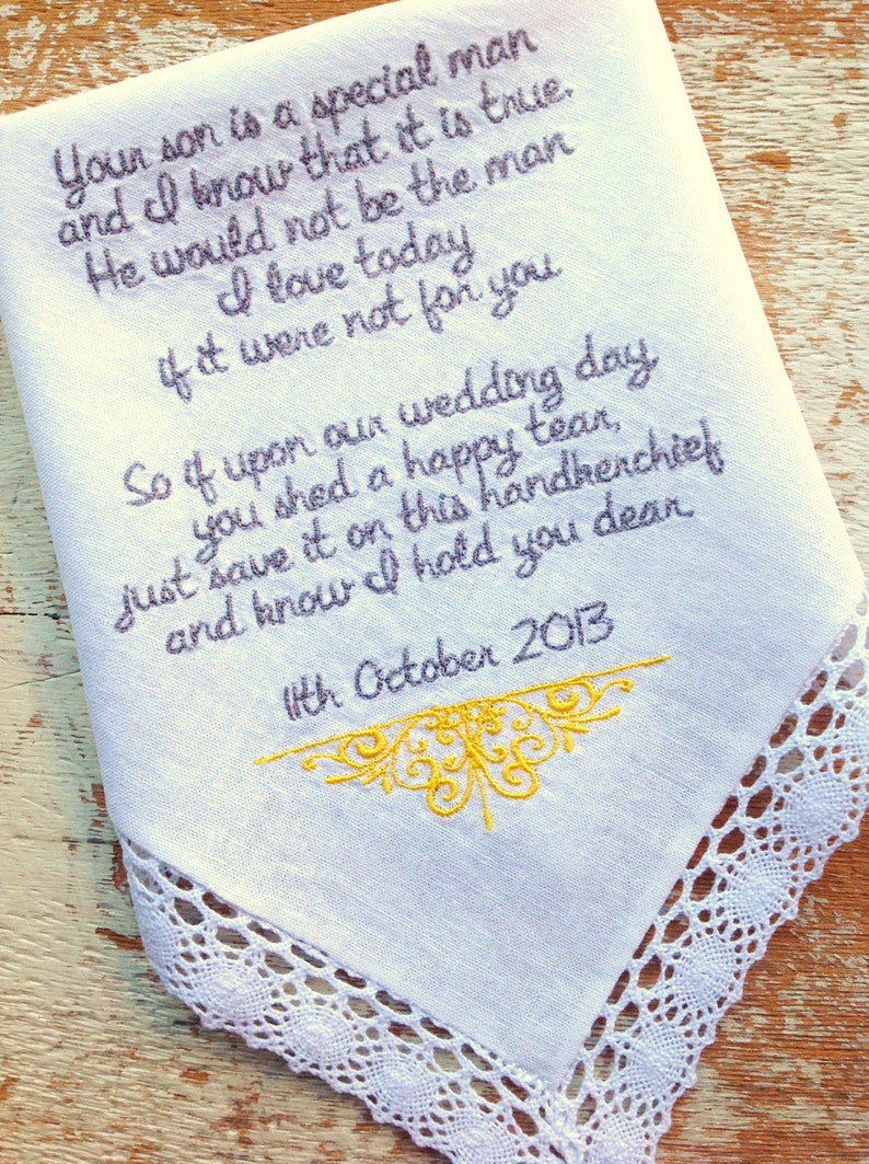 Embroidered Wedding Handkerchief Monogrammed custom mother in law personalized MIL embroidery