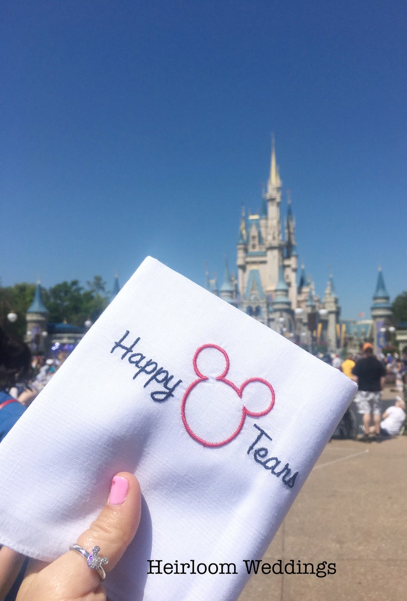 Happy Tears Disney Wedding Handkerchief Embroidered Monogrammed Mickey Mouse custom handkerchief hankie gift