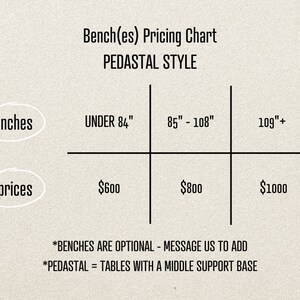 May include: A pricing chart for benches with pedestal styles. The chart shows prices for benches under 84 inches, 85 to 108 inches, and over 109 inches. The prices are $600, $800, and $1000, respectively. The chart also notes that benches are optional and that pedestal tables have a middle support base.