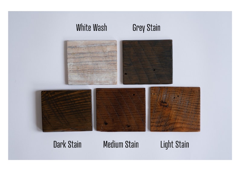 May include: Five wood samples showing different stain colors: white wash, grey stain, dark stain, medium stain, and light stain.