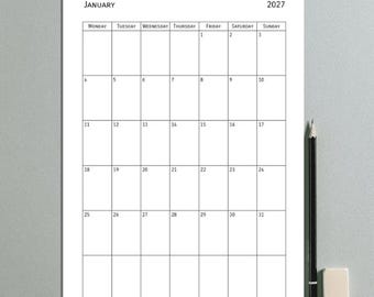 May include: A blank calendar for the month of January 2027. The calendar is divided into seven columns for each day of the week, starting with Monday and ending with Sunday. Each day is numbered from 1 to 31.