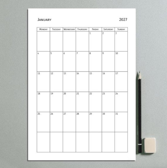 2027 Printable Calendar Template: A4, Letter Size (digital Download) - Etsy UK