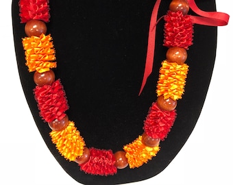 Handmade Satin Ribbon Lei, Red and Ilima Graduation Gift wearable art from maui hawaii