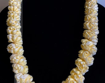ribbon Lei pikake blossom, ivory and white hawaiian wedding lei, everlasting blossom white lei, made in Hawaii by Maui feather lei